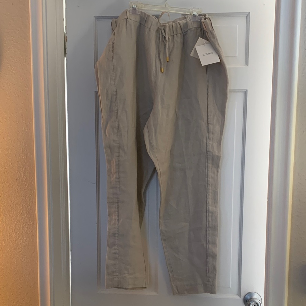 NWT Ellen Tracy 100% linen slacks in cream/stone coloring with drawstring waist
